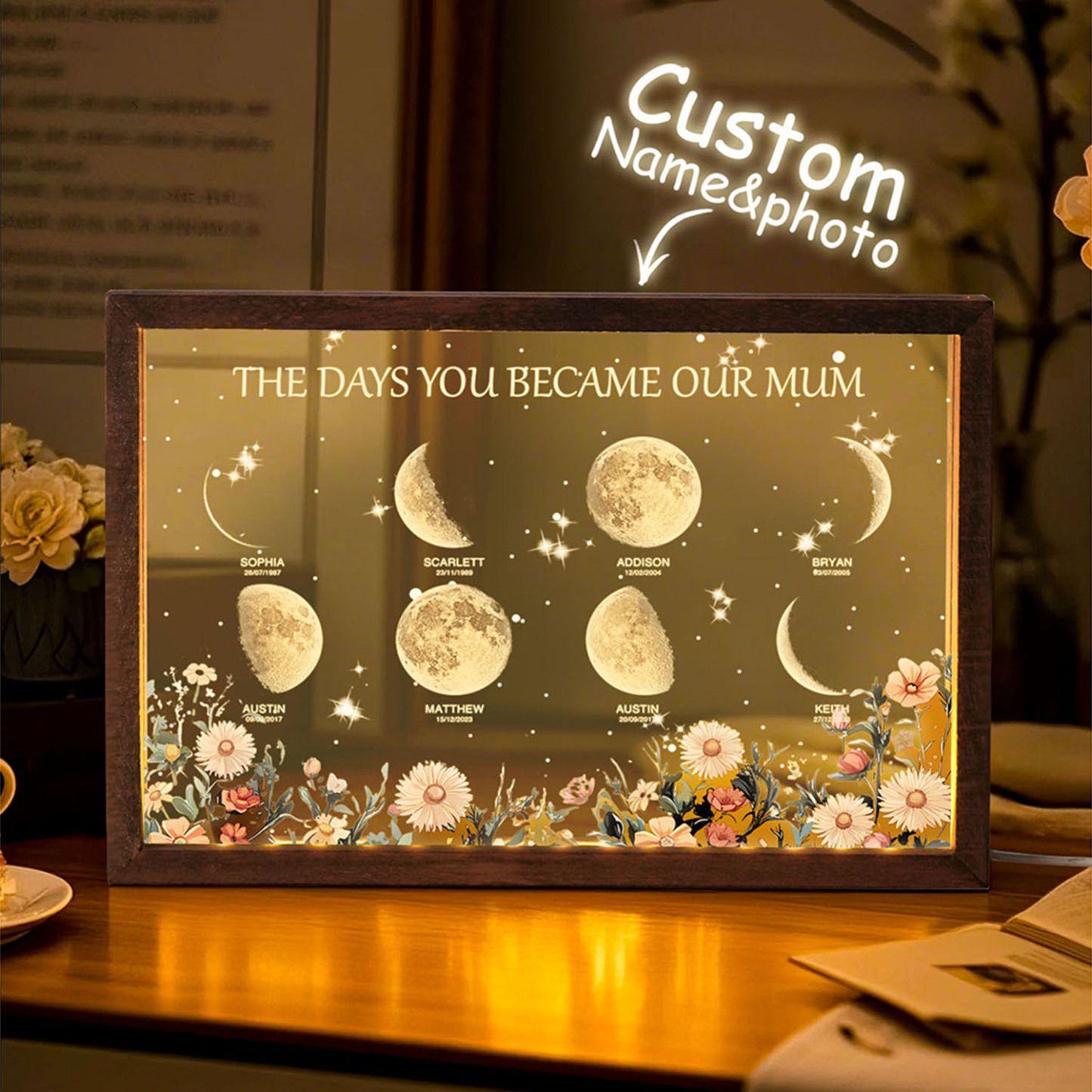 Personalized The Days You Became Our Mum Moon Phase Lightbox Mother's Day Gifts Wood Base - makephotopuzzleuk