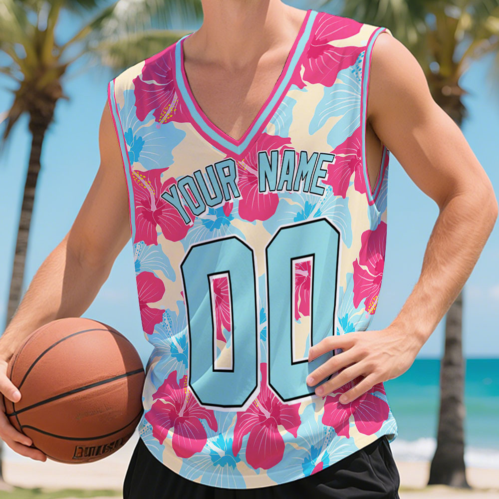 Custom Basketball Jersey with Name & Number Personalized Hawaii Floral Sports Tank Top - makephotopuzzleuk