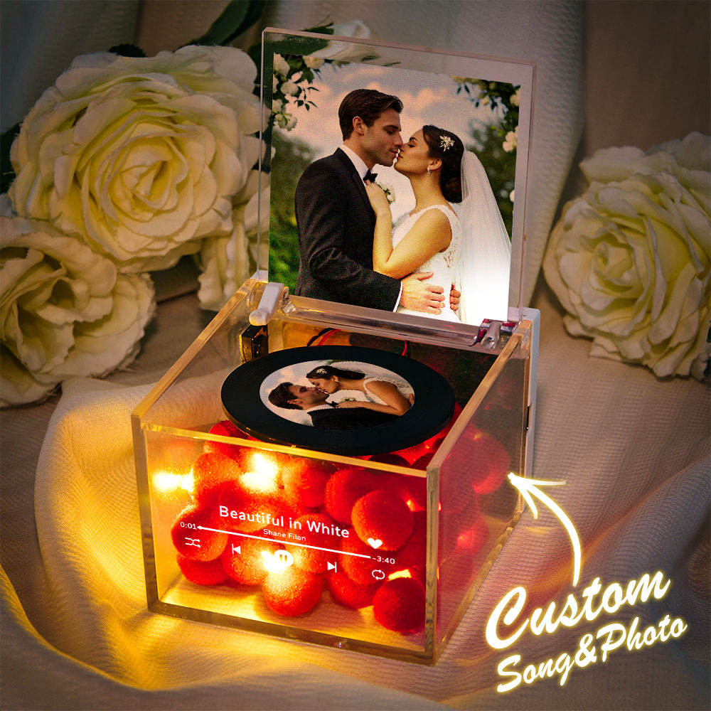 Personalized Mini Music Record Player For Wedding Custom Names and Calendar in an Acrylic Box Perfect for Newly Married Couples - makephotopuzzleuk