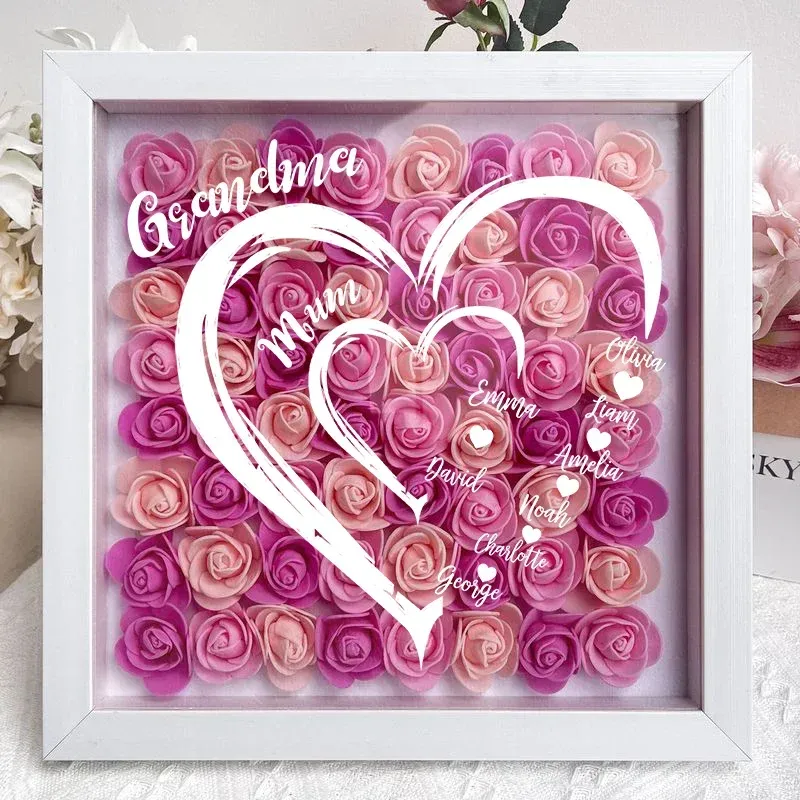 Mom Grandma Hearts Custom Kids' Names - Personalized Flower Shadow Box With LED Light