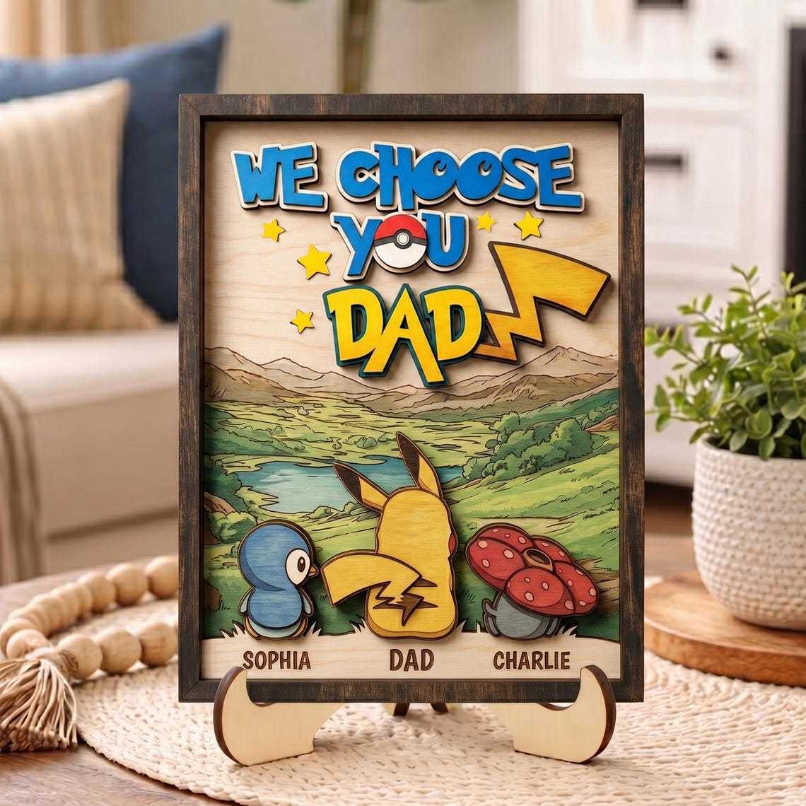 Personalized We Choose You Dad Wooden Sign, Dad Father’s Day Gift, Custom Cartoon Monster Family Name Plaque, Wood Desk Decor - makephotopuzzleuk