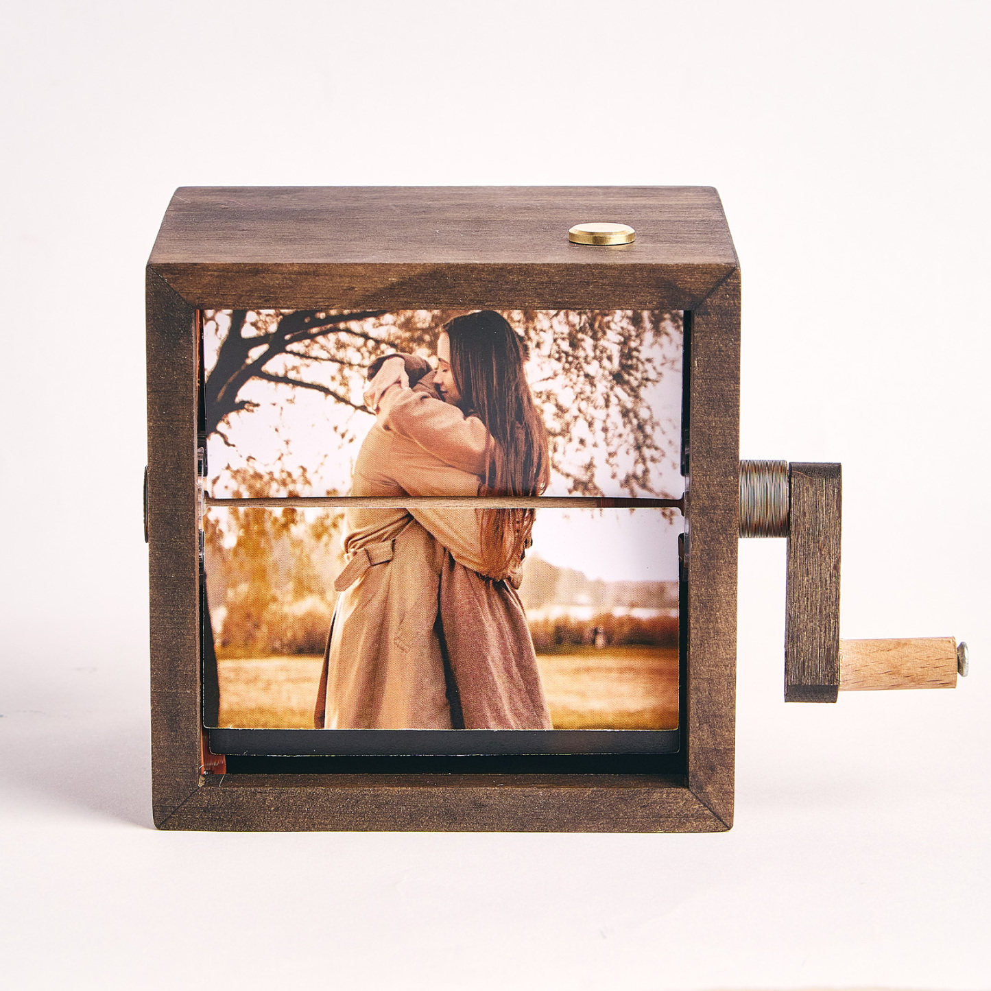 Custom Hand-Cranked Flipbook Photo Cube Walnut Coulpe Frame with Light Unique Gift Idea - makephotopuzzleuk