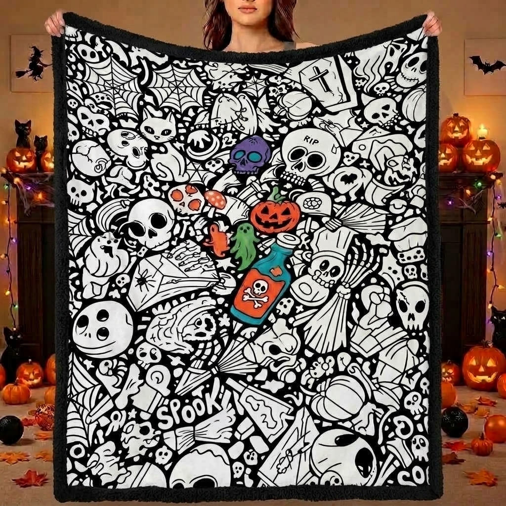 DIY Drawing Blanket (Optional 24-Color Marker Set) Halloween Art Blanket You Can Color Fuzzy Velvet Washable Keepsake Blanket for Kids & Adults - makephotopuzzleuk