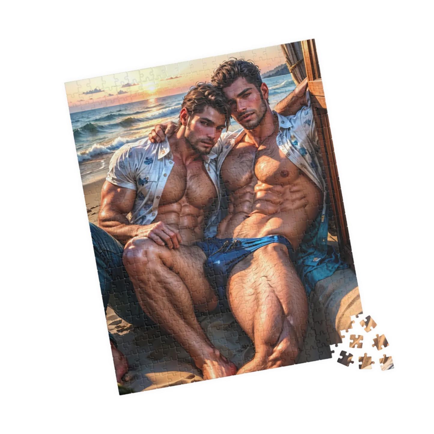 Adult Jigsaw Puzzles | Golden Hour Lovers | Intimate Gay Couple Puzzle by the Sea | Gay Art | Macho Men | Gay Wall Decor | LGBTQ Art - makephotopuzzleuk