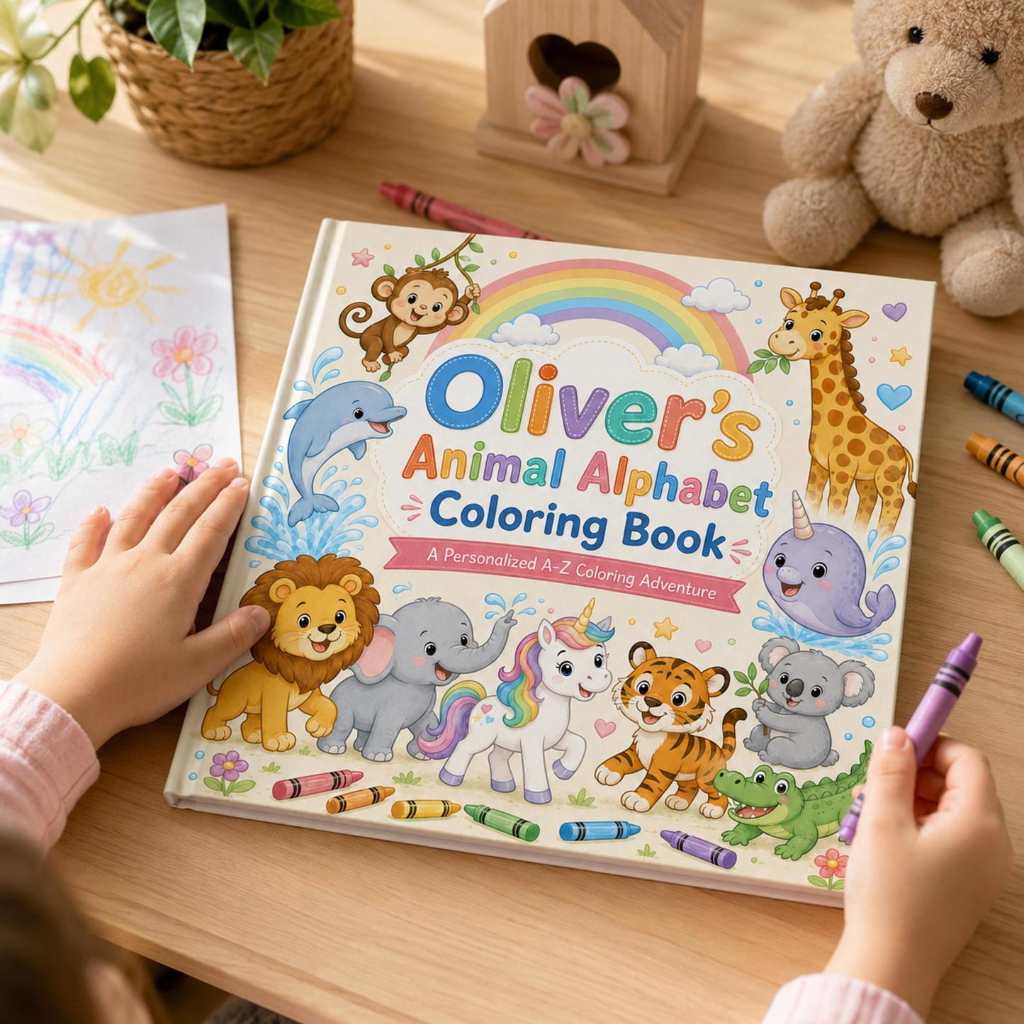 Personalized Coloring Book with 24 Colors Colored Pencil for Kids, Animal Alphabet Adventure, Christmas Gift for Kids - makephotopuzzleuk
