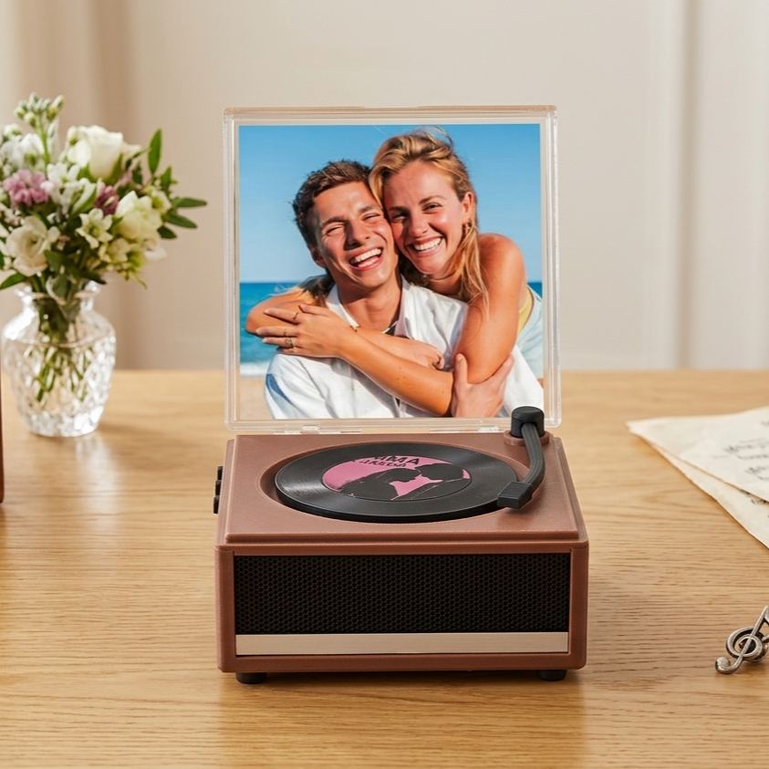 Personalized Mini Vinyl Music Player That Really Plays Music | Each Vinyl Can Play a Different Full Song, Custom Photo Album Cover & Music Box Cover, Anniversary Gift for Couples