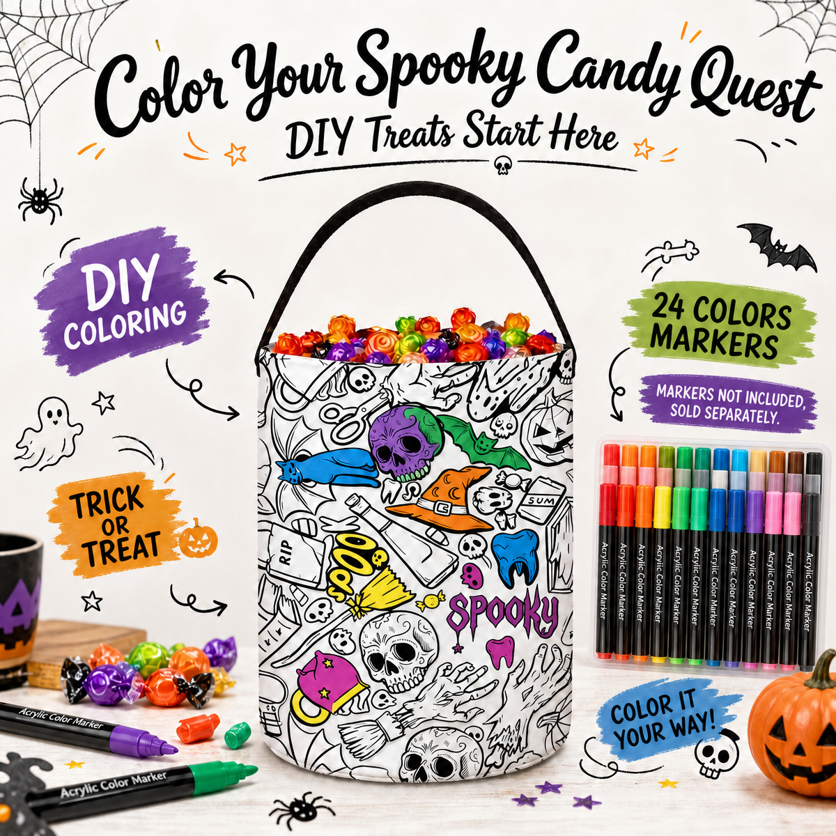 Halloween DIY Coloring Candy Bag | Color Your Own Trick or Treat Bag, Creative Stress Relief Activity for Kids - makephotopuzzleuk
