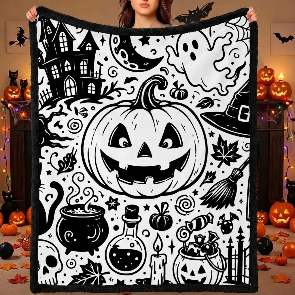 DIY Drawing Blanket (Optional 24-Color Marker Set) Halloween Art Blanket You Can Color Fuzzy Velvet Washable Keepsake Blanket for Kids & Adults - makephotopuzzleuk