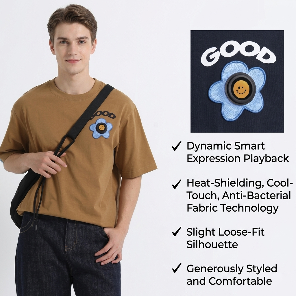 Emotion Display Smart T-Shirt with Animated Expressions | Mood Reactive LED Screen Tee | Tech Streetwear Ice Feel Tee (Black, White, Khaki, Mulberry Wine Red & More, S-4XL)