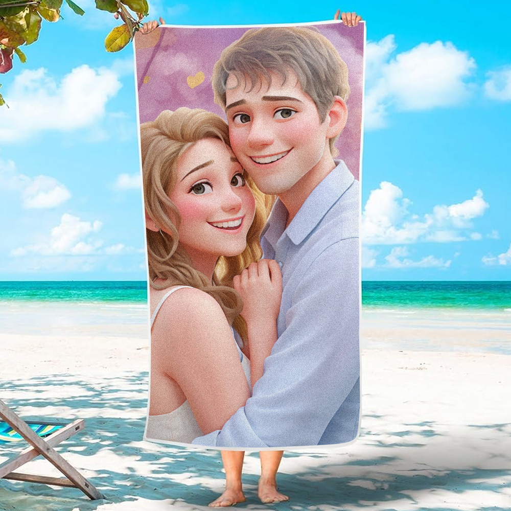 Custom Couple Photo 3D Cartoon Portrait Gift Photo Beach Towel
