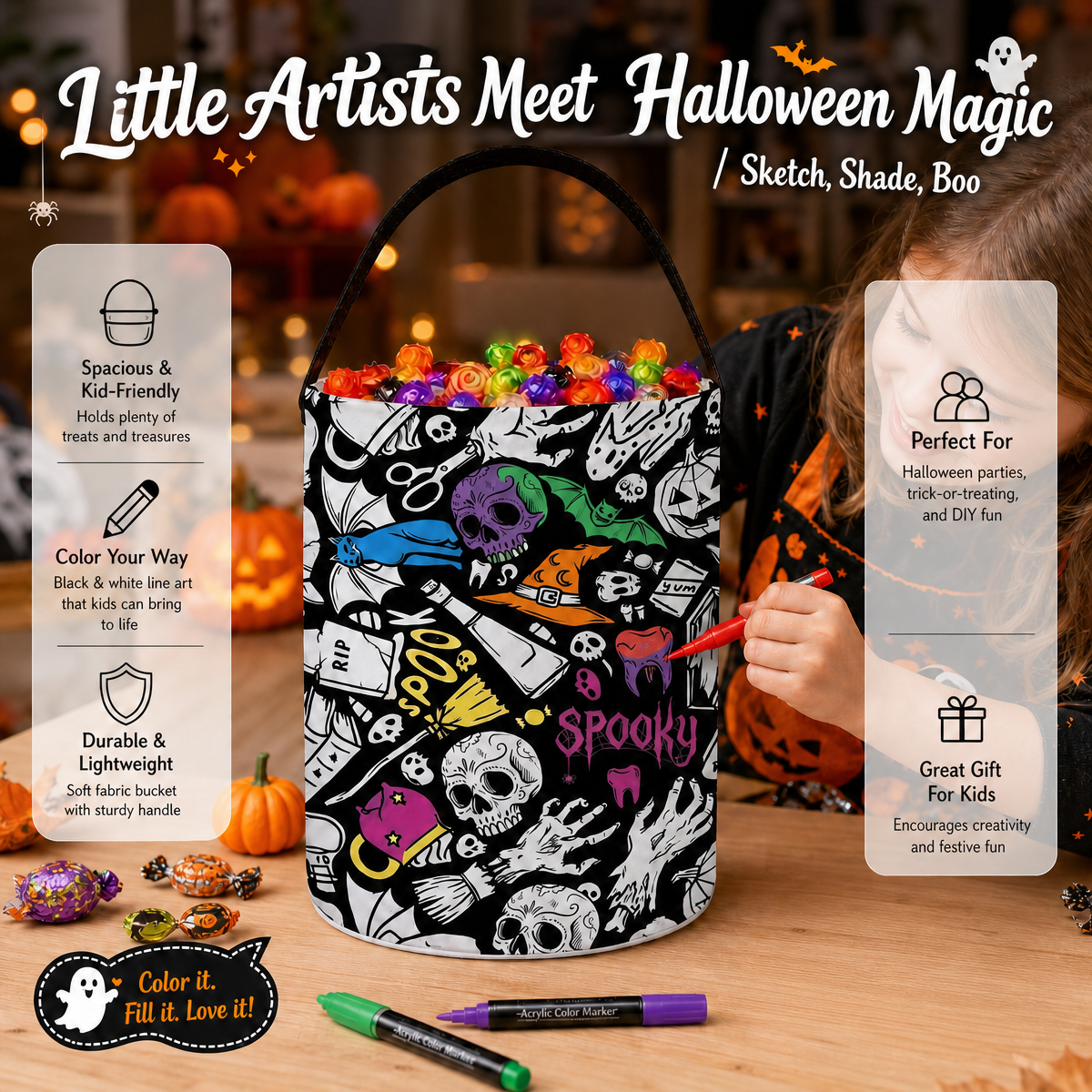 Halloween DIY Coloring Candy Bag | Color Your Own Trick or Treat Bag, Creative Stress Relief Activity for Kids - makephotopuzzleuk
