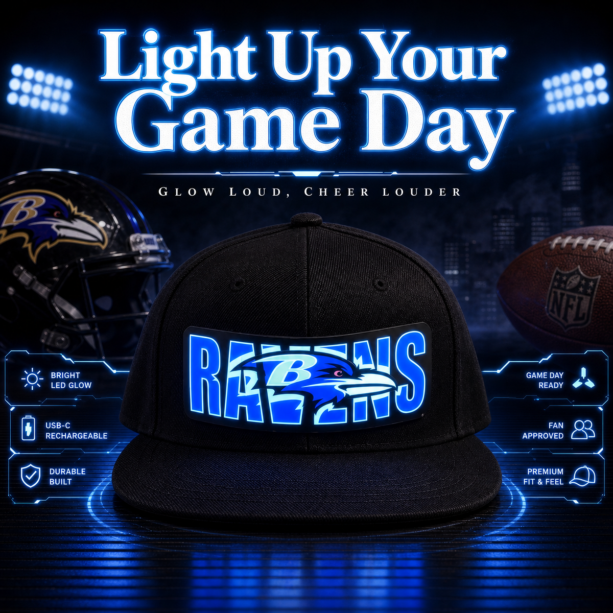 Football Fan LED Light-Up Snapback Cap - makephotopuzzleuk