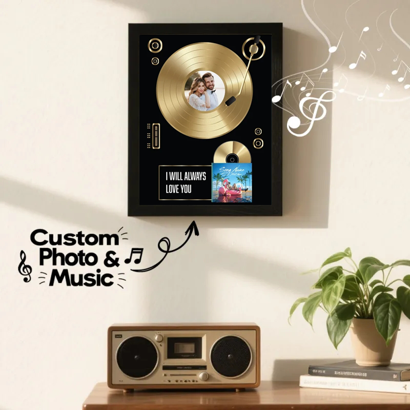 Personalised Golden Record Style Music Decor, Click Mini Vinyl to Play Custom Music Photo Name, Custom Photo Music Plaque, Personalised Song Plaque, Click to Play No Phone Needed for Loved Ones