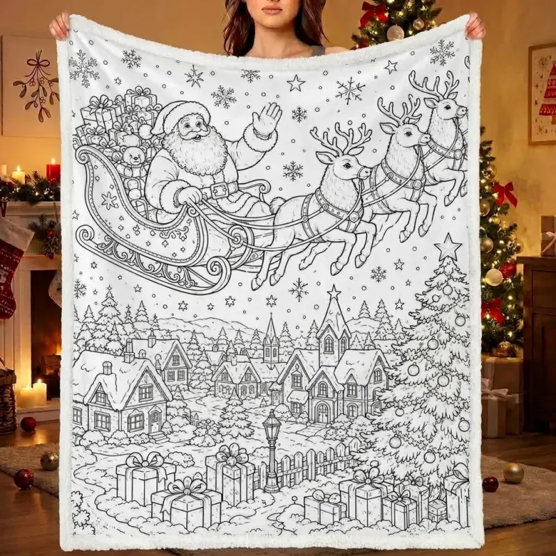 DIY Drawing Blanket with Optional 24 Colors Markers, Color Art Blanket Washable Blankets, Christmas Coloring Blankets for Adults - makephotopuzzleuk