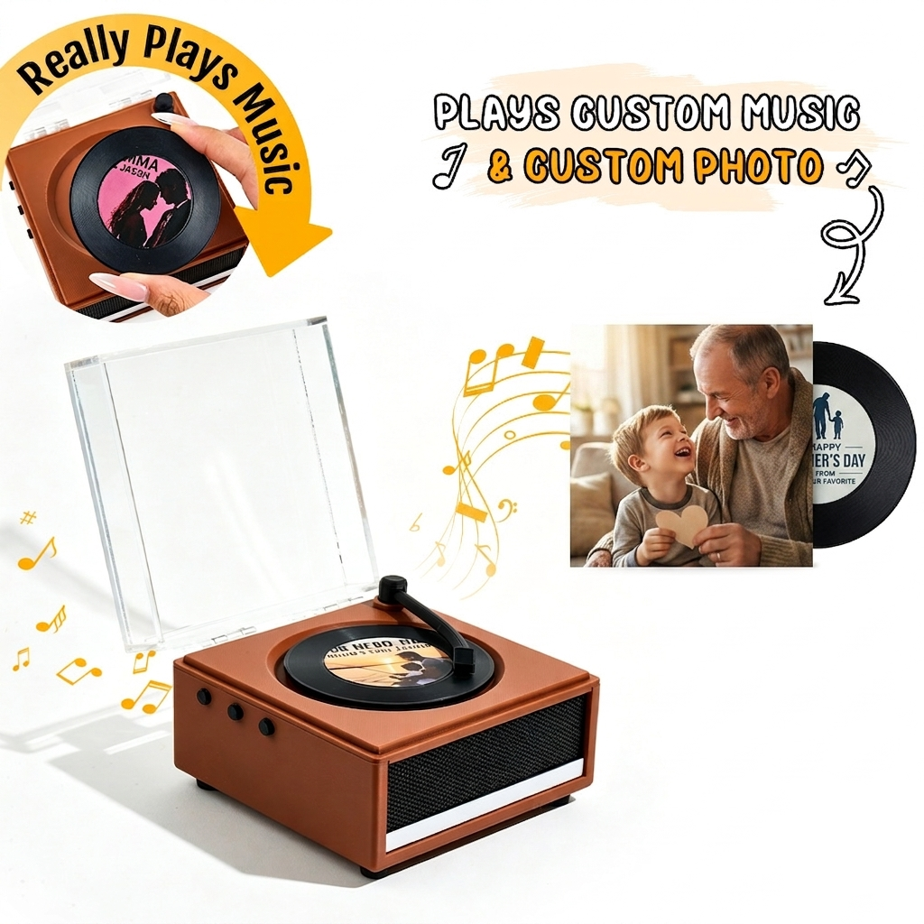 Personalized Mini Vinyl Music Player That Plays Music | Each Vinyl Can Play a Different Song, Custom Photo Album Cover, DIY Vinyl Color Gift for Dad on Father's Day