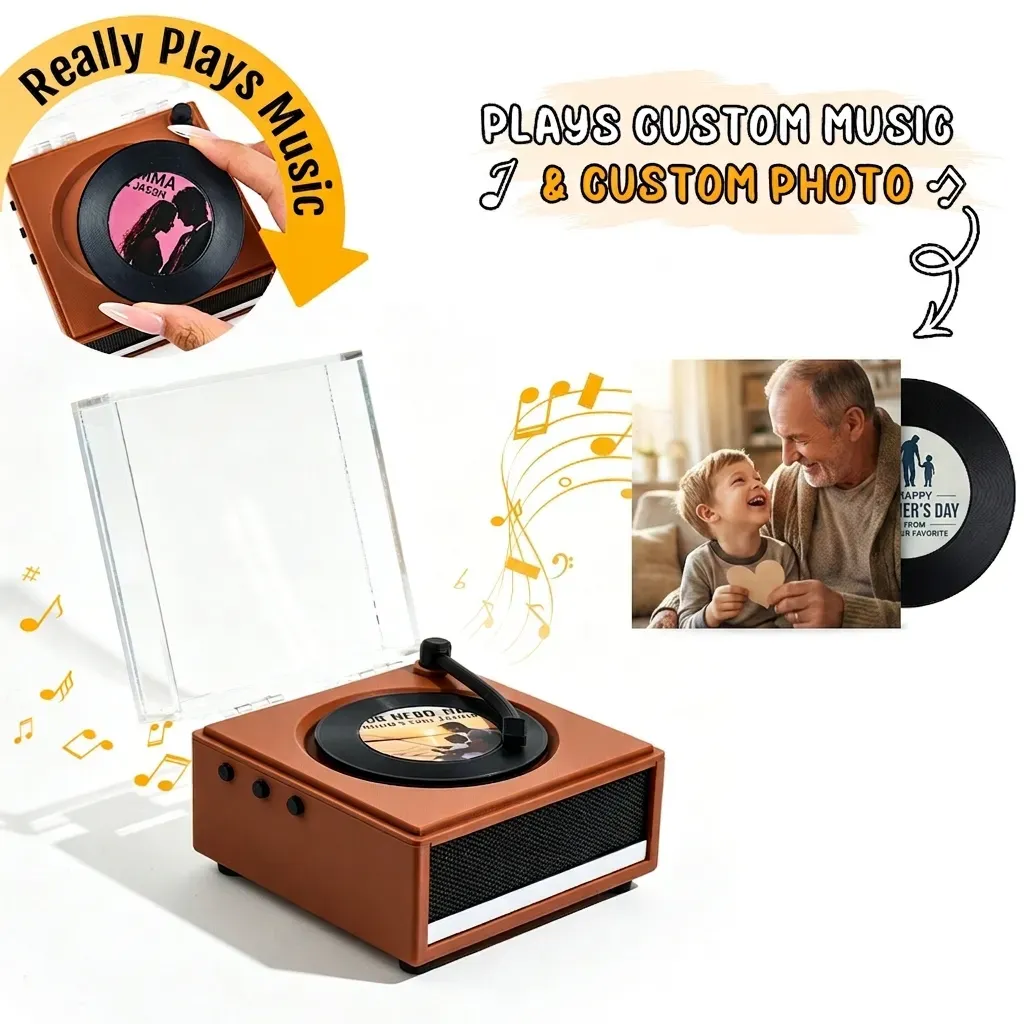 Personalized Mini Vinyl Music Player That Really Plays Music | Each Vinyl Can Play a Different Full Song, Custom Photo Album Cover & Music Box Cover, Father's Day Gift for Daddy