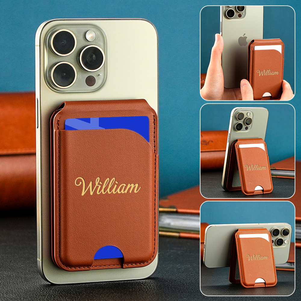 Personalized initials card pocket for iPhone magnetic faux leather flip stand, wallet with card slots, custom name clip, luxury gift