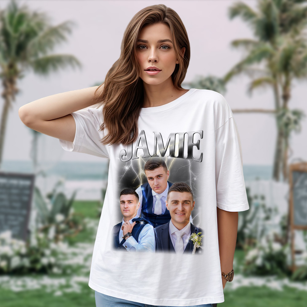 Custom Photo Vintage Tee Personalized Name T-shirt for Couple Gift For Wedding
