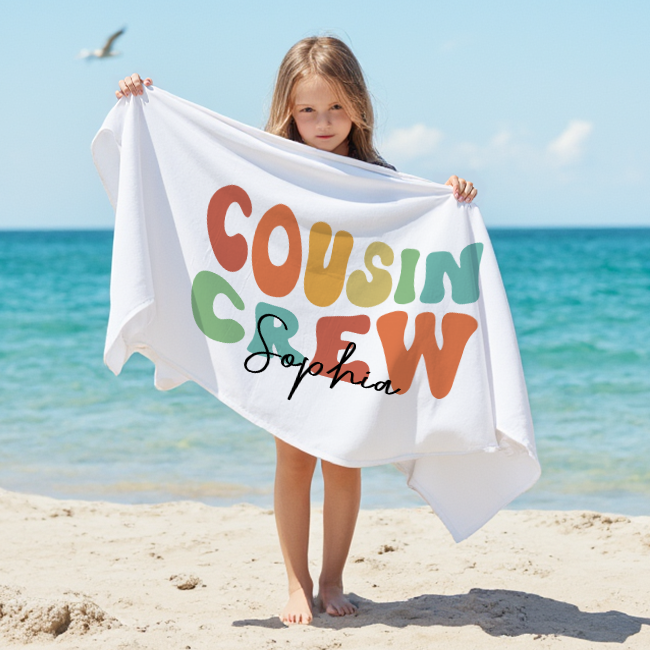 Personalized Name Cousin Crew Beach Towel, Perfect for Family Outings