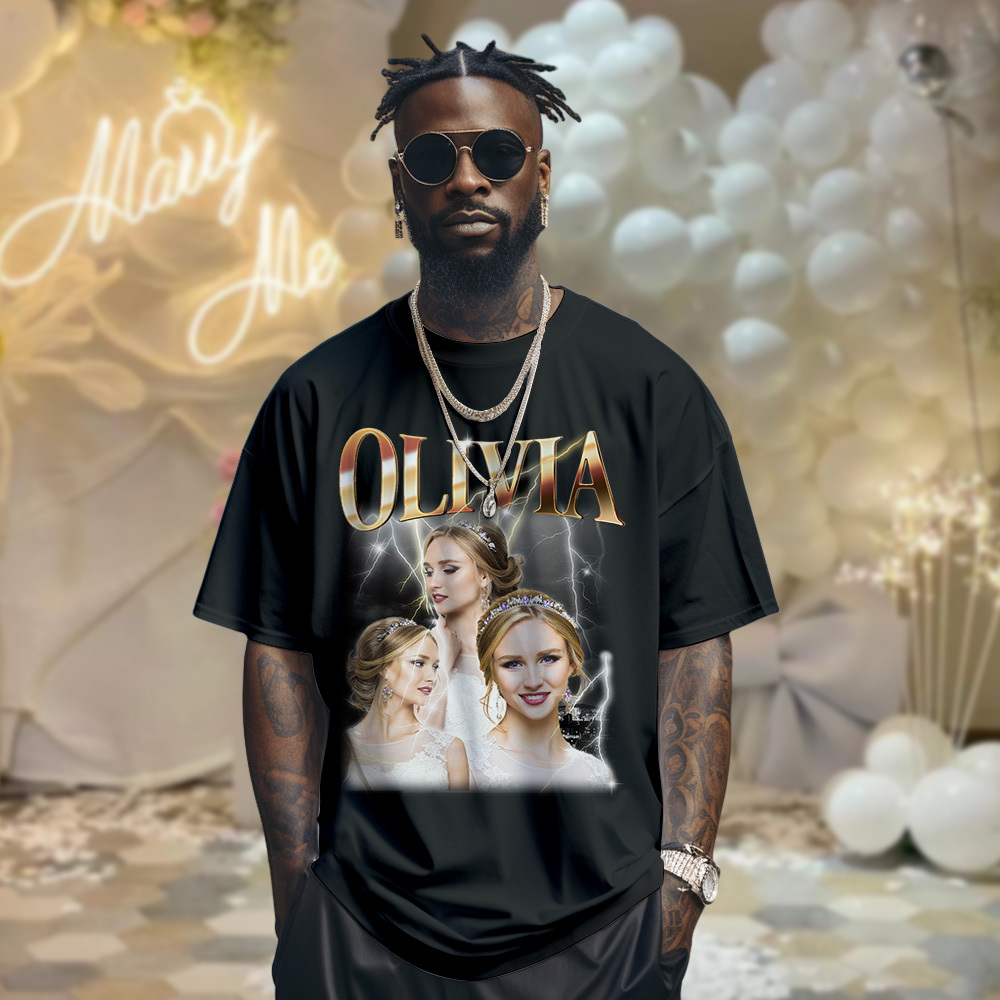 Custom Photo Vintage Tee Personalized Name T-shirt for Couple Gift For Wedding
