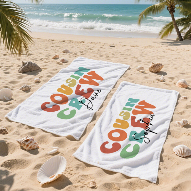 Personalized Name Cousin Crew Beach Towel, Perfect for Family Outings