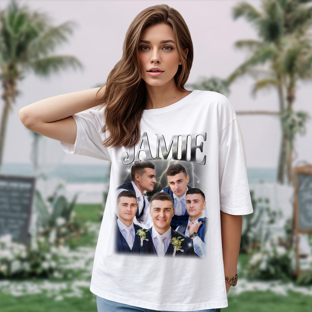 Custom Photo Vintage Tee Personalized Name T-shirt for Couple Gift For Wedding