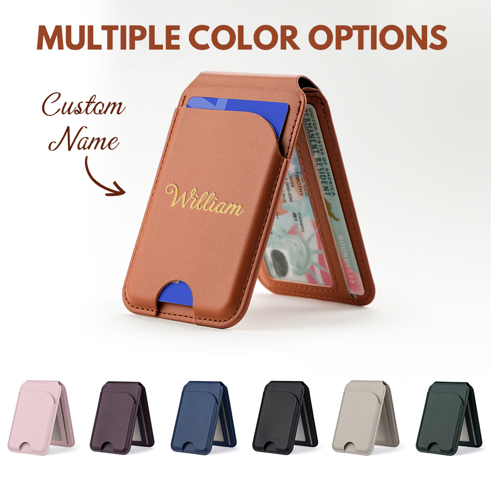 Personalized initials card pocket for iPhone magnetic faux leather flip stand, wallet with card slots, custom name clip, luxury gift