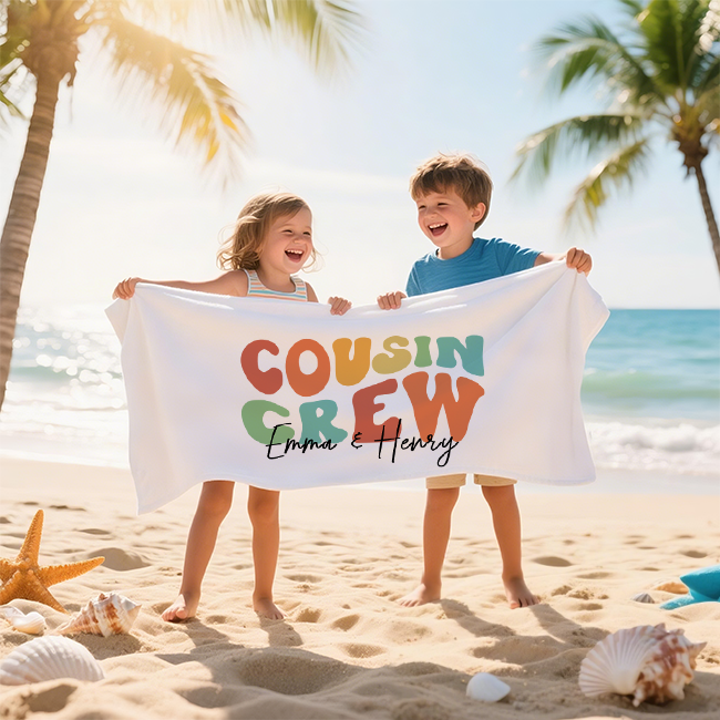 Personalized Name Cousin Crew Beach Towel, Perfect for Family Outings