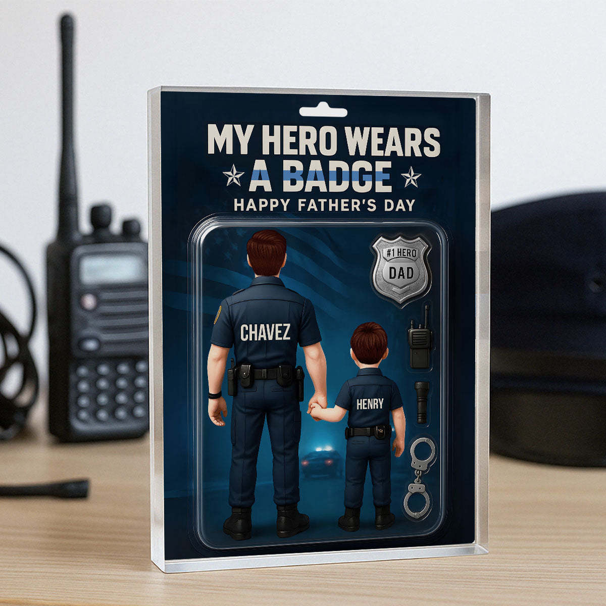 My Hero Wears a Badge – Police Dad Custom Figure Personalized Acrylic Block Plaque, Father's Day Gift for Dad or Husband