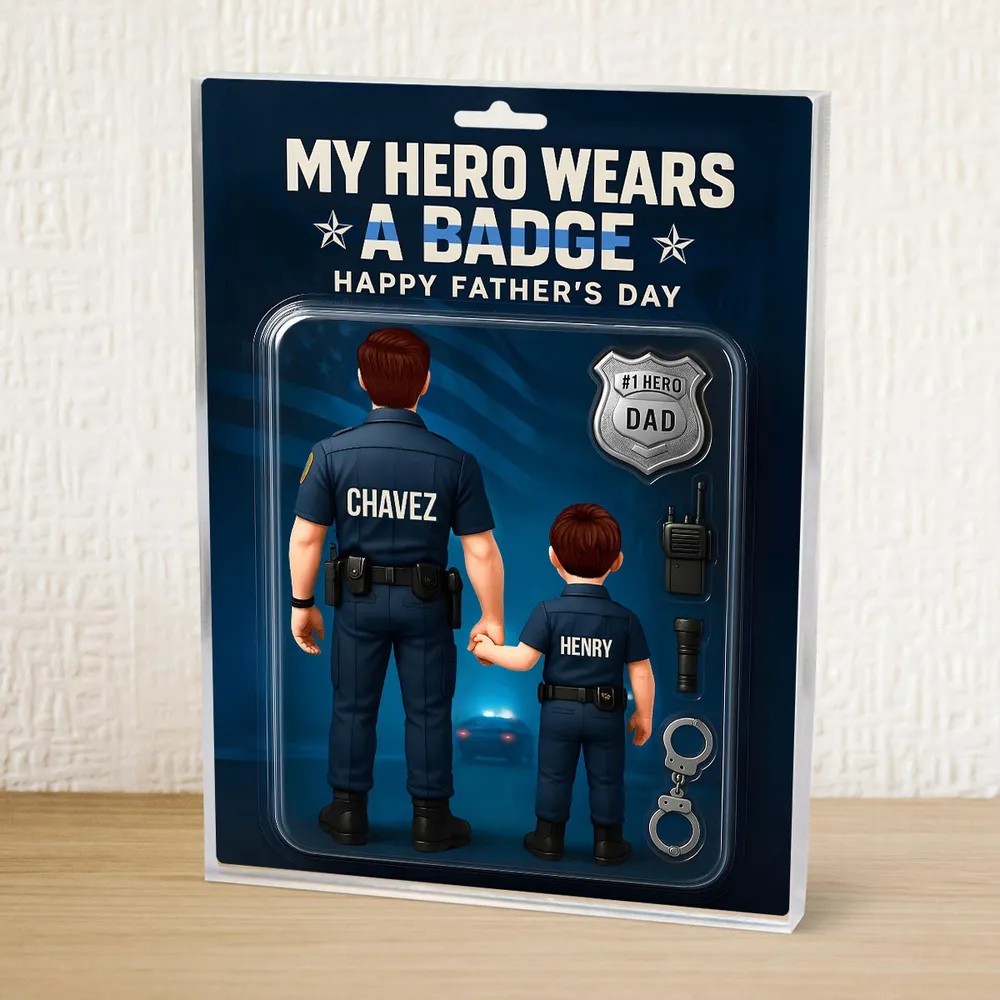 My Hero Wears a Badge – Police Dad Custom Figure Personalized Acrylic Block Plaque, Father's Day Gift for Dad or Husband