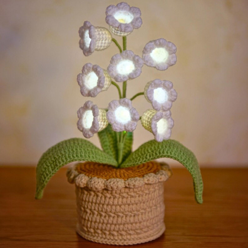 LED Light Crocheted Lily of the Valley - Glowing Potted Knit Flower Home Ambiance Decor
