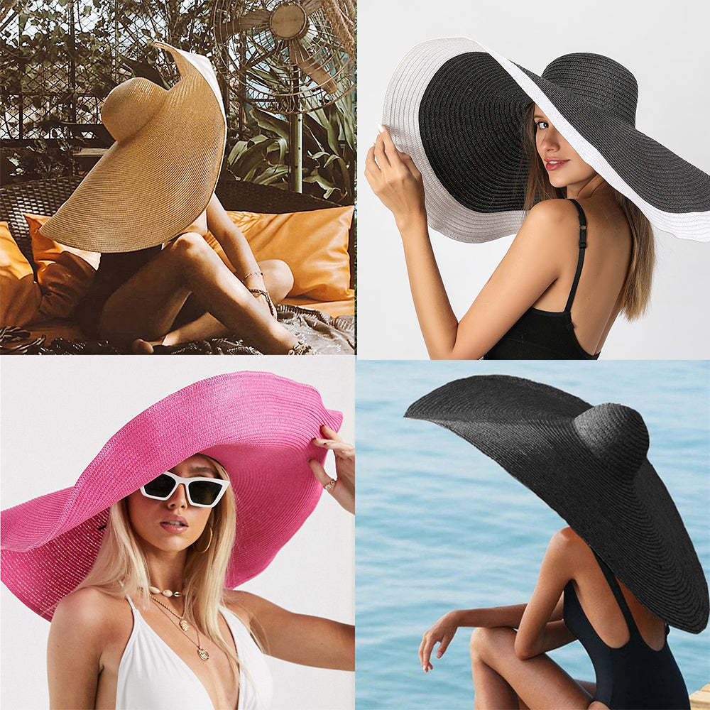 Women Summer Sun Protection Straw Hat Beach Oversized Brim Big Floppy Folding Sun Hat - makephotopuzzleuk