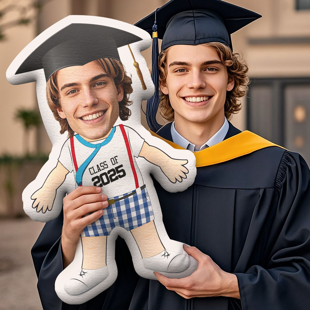 Custom Minime Throw Pillow Graduation Blue Plaid Shorts Vacation Grad Pillow Personalized Photo Minime Pillow For Graduated Students