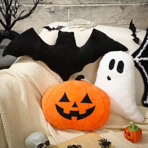 3 Pcs Halloween Throw Pillows, Pumpkin Ghost Bat Witch Hat Cat Shapes Pillows