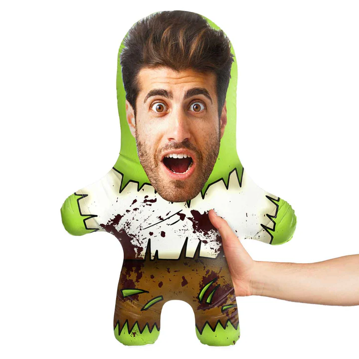 Green Zombie Halloween Minime Throw Pillow Custom Face Teddy Personalized Photo Minime Pillow Gift for Fun