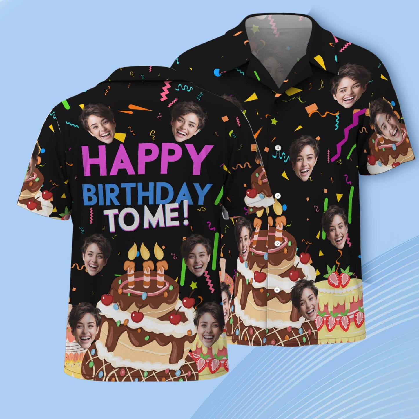 Custom Face Hawaiian Shirt Personalized Birthday Cake Name and Age Face Women Black Hawaiian Shirt Birthday Party Gift - MyPhotoSocks