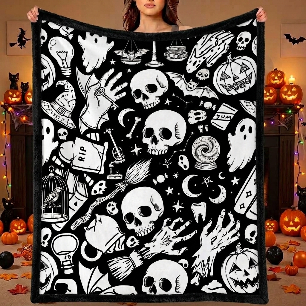 DIY Drawing Blanket (Optional 24-Color Marker Set) Halloween Art Blanket You Can Color Fuzzy Velvet Washable Keepsake Blanket for Kids & Adults