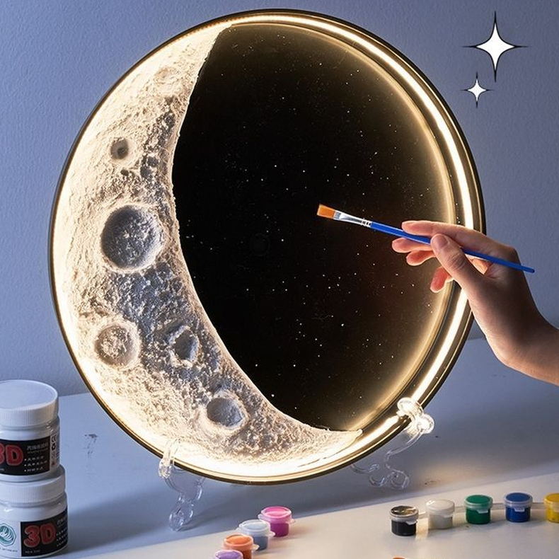 DIY Plaster Moon Lamp Kit with Warm Light | Moon Painting Night Light | Kit Contains 2 Brushes, LED Light Frame,Plaster | With Optional Stand & 12 Colors Paint