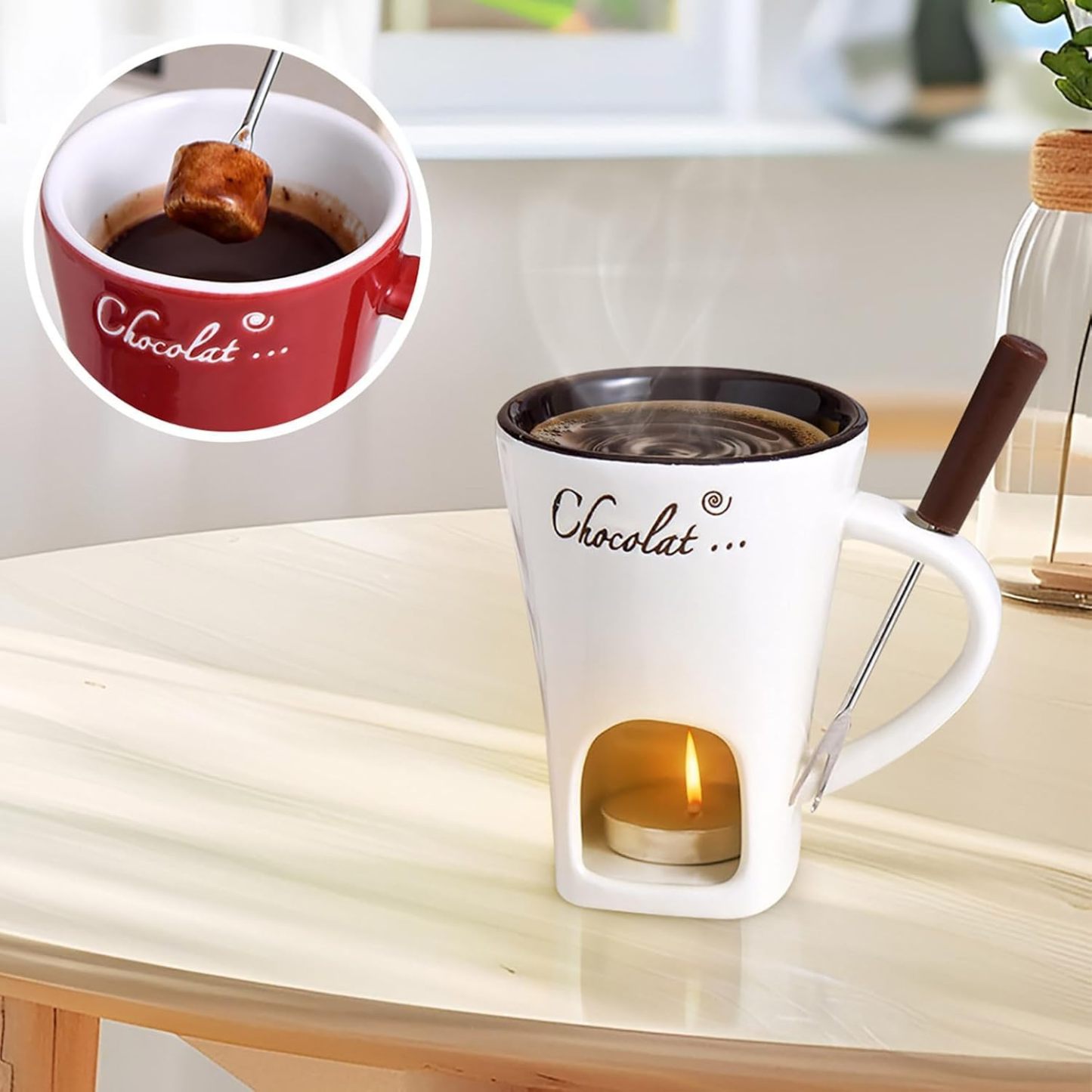 Sweet Fondue Cup for Date Night and More, Chocolate Melting Cup Set with Forks, Perfect as Fondue Mug or Chocolate Fondue Mug - Ideal Gifts for Birthday, Wedding, Mini Simmer Mug