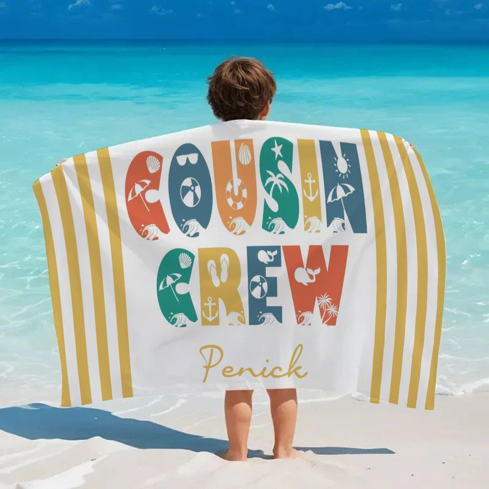 Personalized Cousin Crew Beach Towel, Custom Name Pool Bath Towel, Cousin Vacation Trip Gift