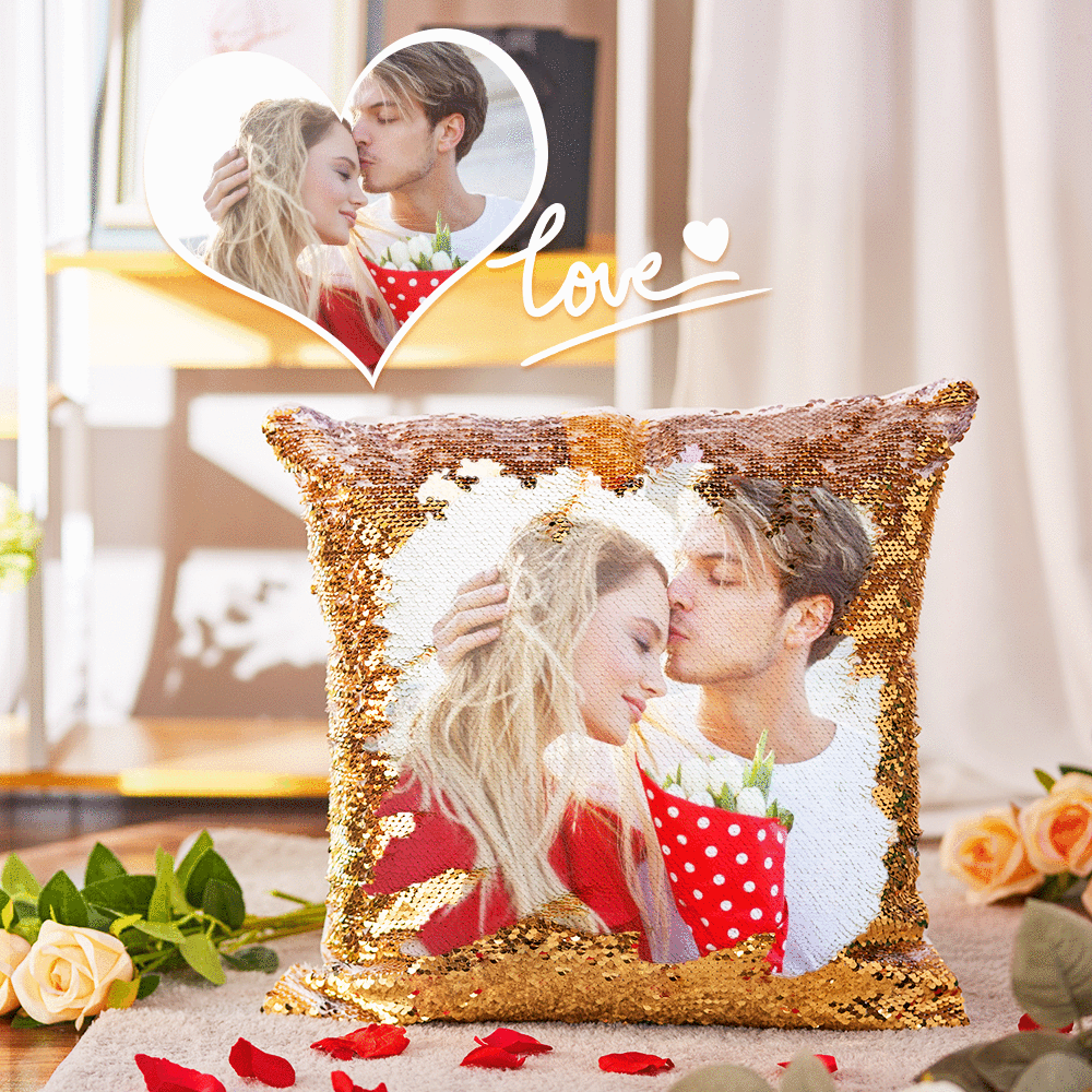 Custom Love Couple Photo Magic Sequins Pillow, Sequin Picture Pillow, Glitter Pillow With Hidden Picture 15.75''*15.75''
