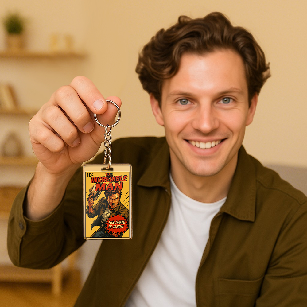 Custom Vintage Retro Comic Book Keychain DIY Hero Style Keychain | Personalized Vintage Retro Comic Key Chain Gift for Friends or Couples