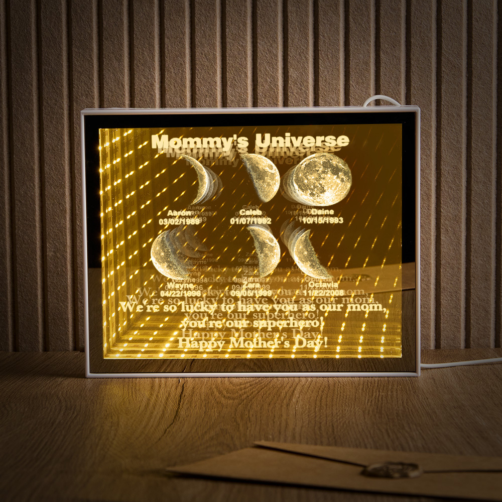 Custom Mirror Infinity Moon Phase Lightbox Personalized Night Light Mirror with Personalized Name and Heartfelt Text for Mom on Mother's Day