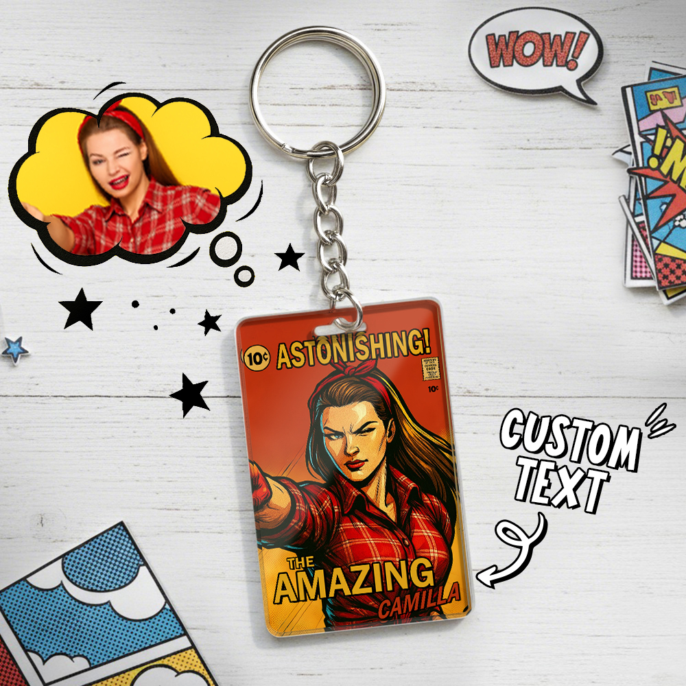 Custom Vintage Retro Comic Book Keychain DIY Hero Style Keychain | Personalized Vintage Retro Comic Key Chain Gift for Friends or Couples