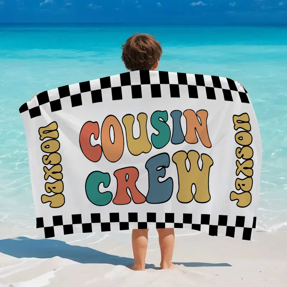 Personalized Cousin Crew Beach Towel, Custom Name Pool Bath Towel, Cousin Family Reunion Gift, Retro Checkered Beach Towel, Cousin Crew Beach Towel