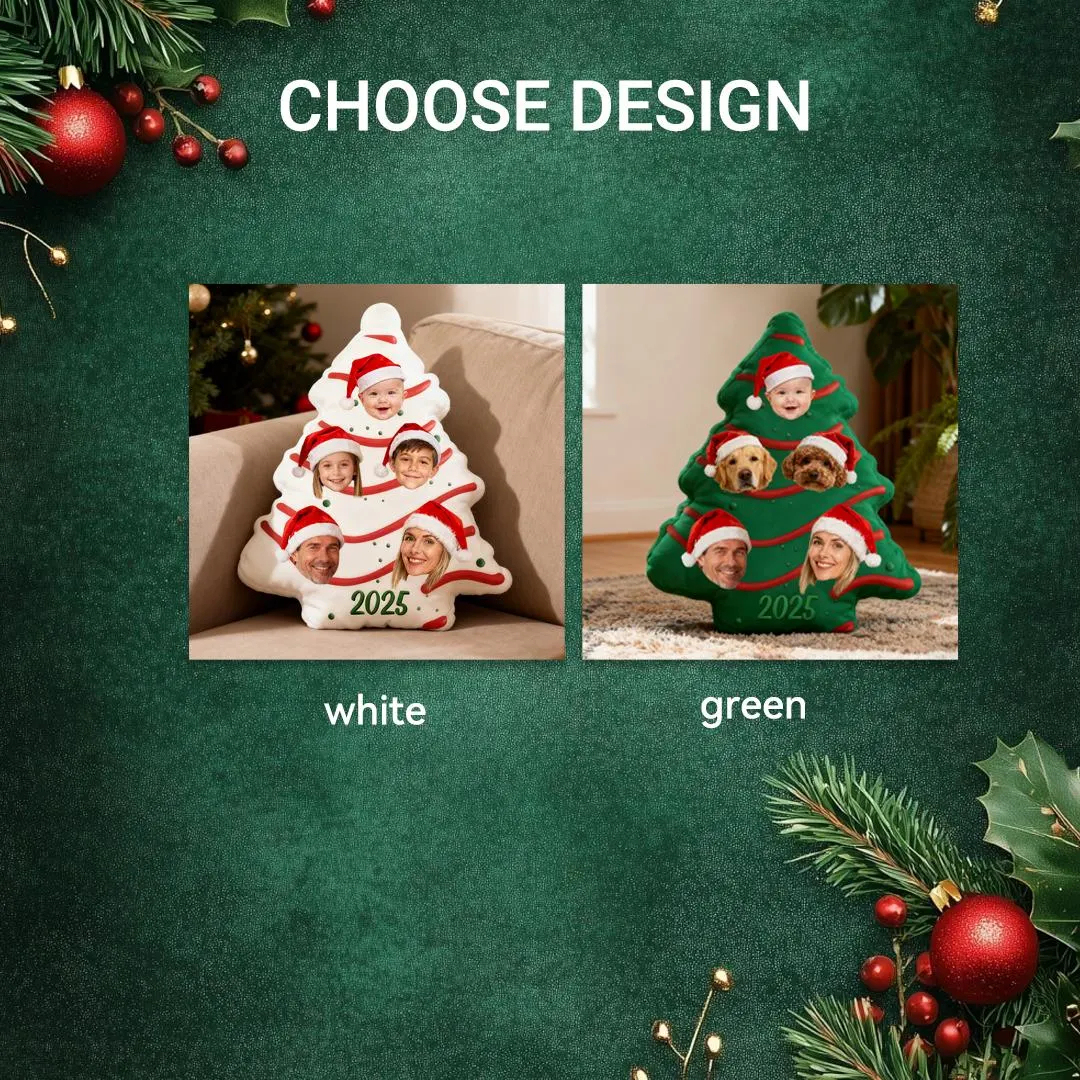 Personalized Christmas Tree Pillow, Custom Family Photo Cushion with Pets and Kids, Festive Holiday Gift, 2025 Christmas Decor