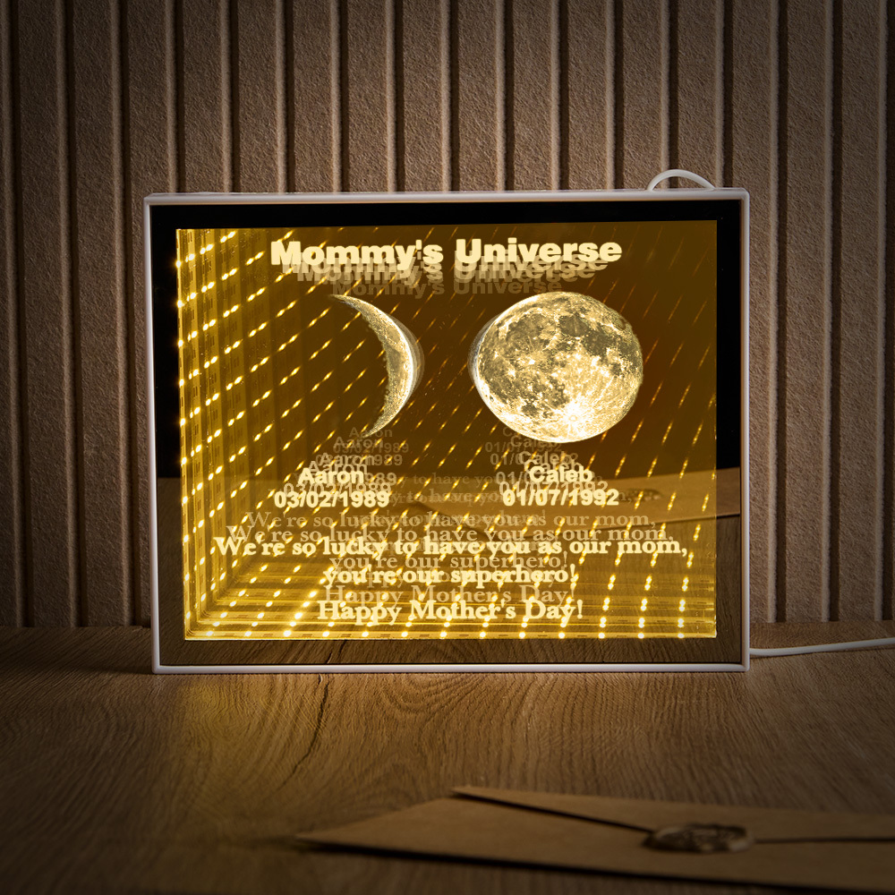 Custom Mirror Infinity Moon Phase Lightbox Personalized Night Light Mirror with Personalized Name and Heartfelt Text for Mom on Mother's Day