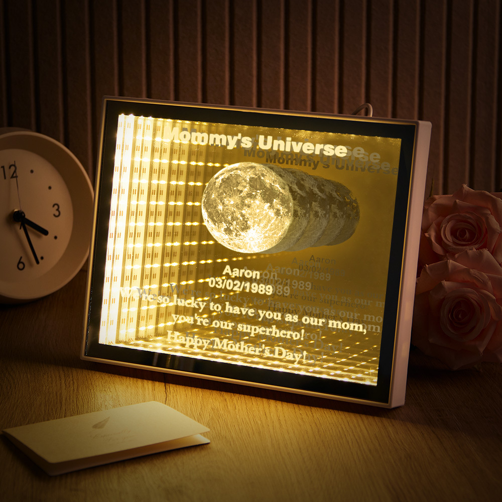 Custom Mirror Infinity Moon Phase Lightbox Personalized Night Light Mirror with Personalized Name and Heartfelt Text for Mom on Mother's Day