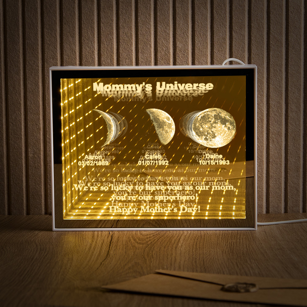Custom Mirror Infinity Moon Phase Lightbox Personalized Night Light Mirror with Personalized Name and Heartfelt Text for Mom on Mother's Day