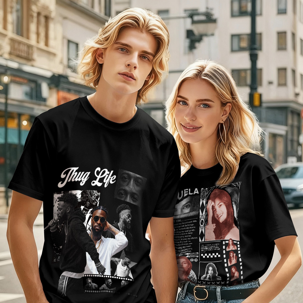 Custom Photo Vintage Tee Rap Star Slim-Style Shady Vibes Personalized Name T-shirt Couple Gifts Black